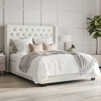 GRADE A2 - Off-White Fabric King Size Ottoman Bed with Winged Headboard - Maeva GRADE A2 - Off-White Fabric King Size Ottoman Bed with Winged Headboard - Maeva