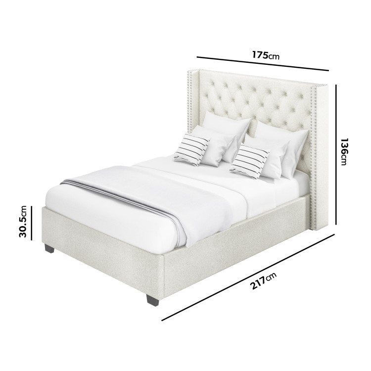 GRADE A1 - Maeva Wing Back King Size Ottoman Bed in Off White Woven Fabric