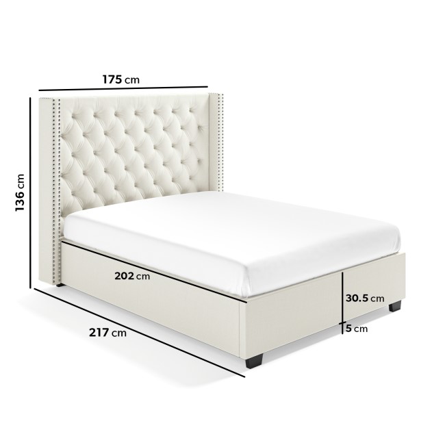 Off-White Fabric King Size Ottoman Bed with Winged Headboard - Maeva