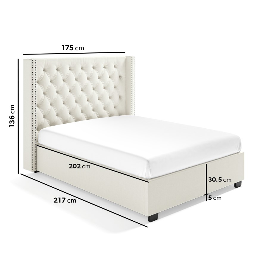 GRADE A2 - Off-White Fabric King Size Ottoman Bed with Winged Headboard - Maeva