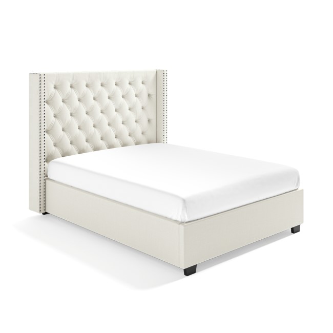 Off-White Fabric King Size Ottoman Bed with Winged Headboard - Maeva