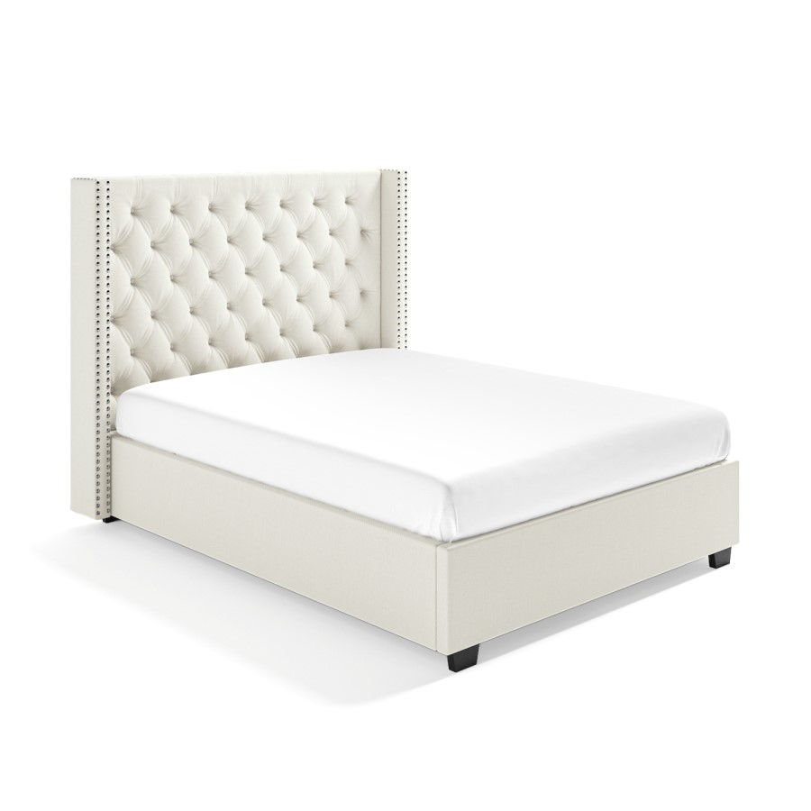 GRADE A2 - Off-White Fabric King Size Ottoman Bed with Winged Headboard - Maeva