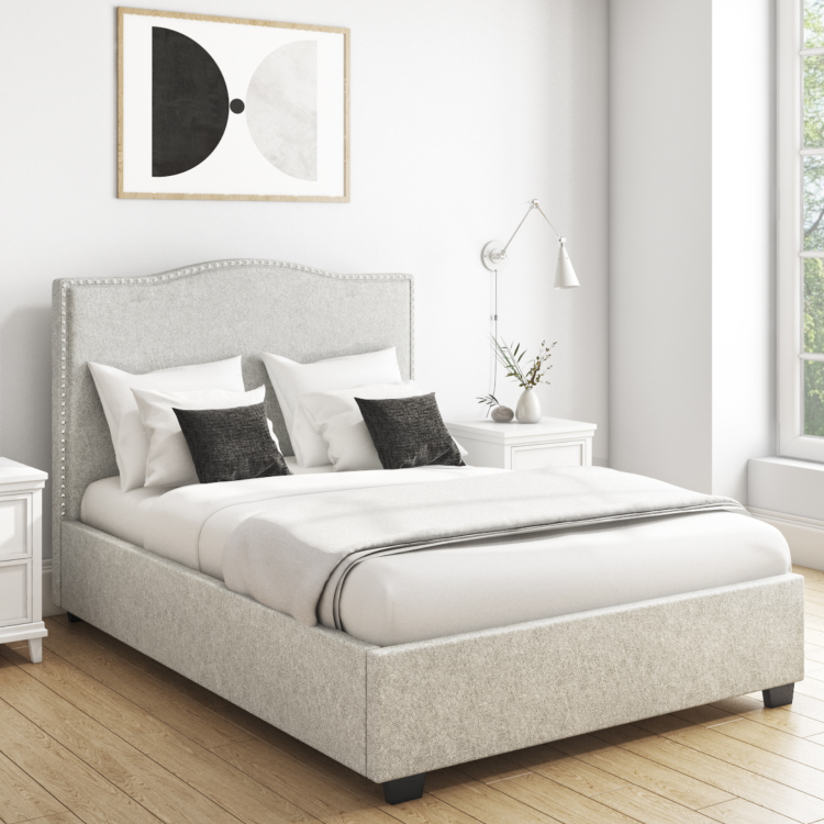 GRADE A1 - Light Grey Fabric Double Ottoman Bed with French Headboard - Maeva