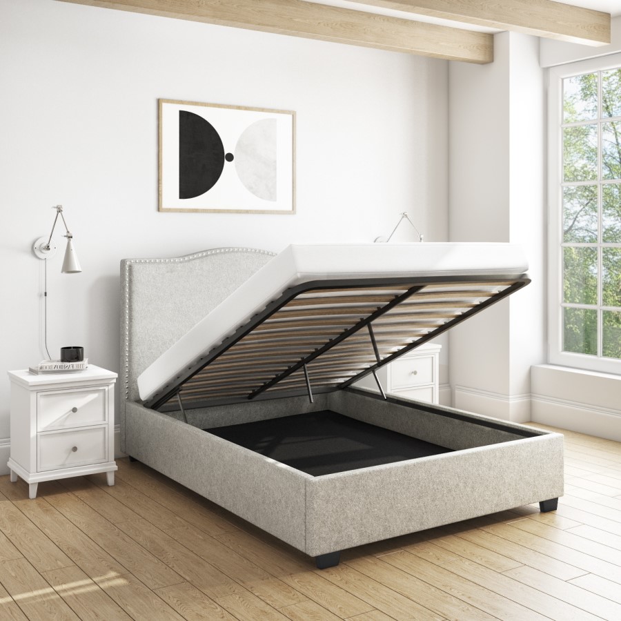 French Grey Upholstered Double Ottoman Bed - Maeva