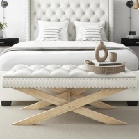 Wooden End-of-Bed Bench Upholstered in Off-White Fabric - Maeva