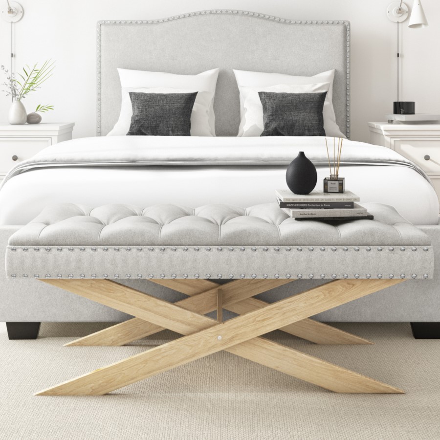GRADE A1 - Wooden End-of-Bed Bench Upholstered in Light Grey Fabric - Maeva