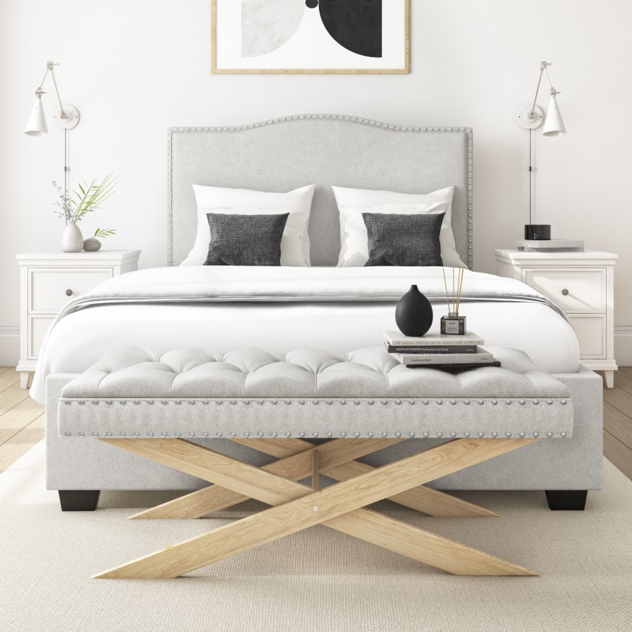 GRADE A1 - Wooden End-of-Bed Bench Upholstered in Light Grey Fabric - Maeva