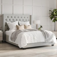 Light Grey Fabric King Size Ottoman Bed with Winged Headboard - Maeva Light Grey Fabric King Size Ottoman Bed with Winged Headboard - Maeva
