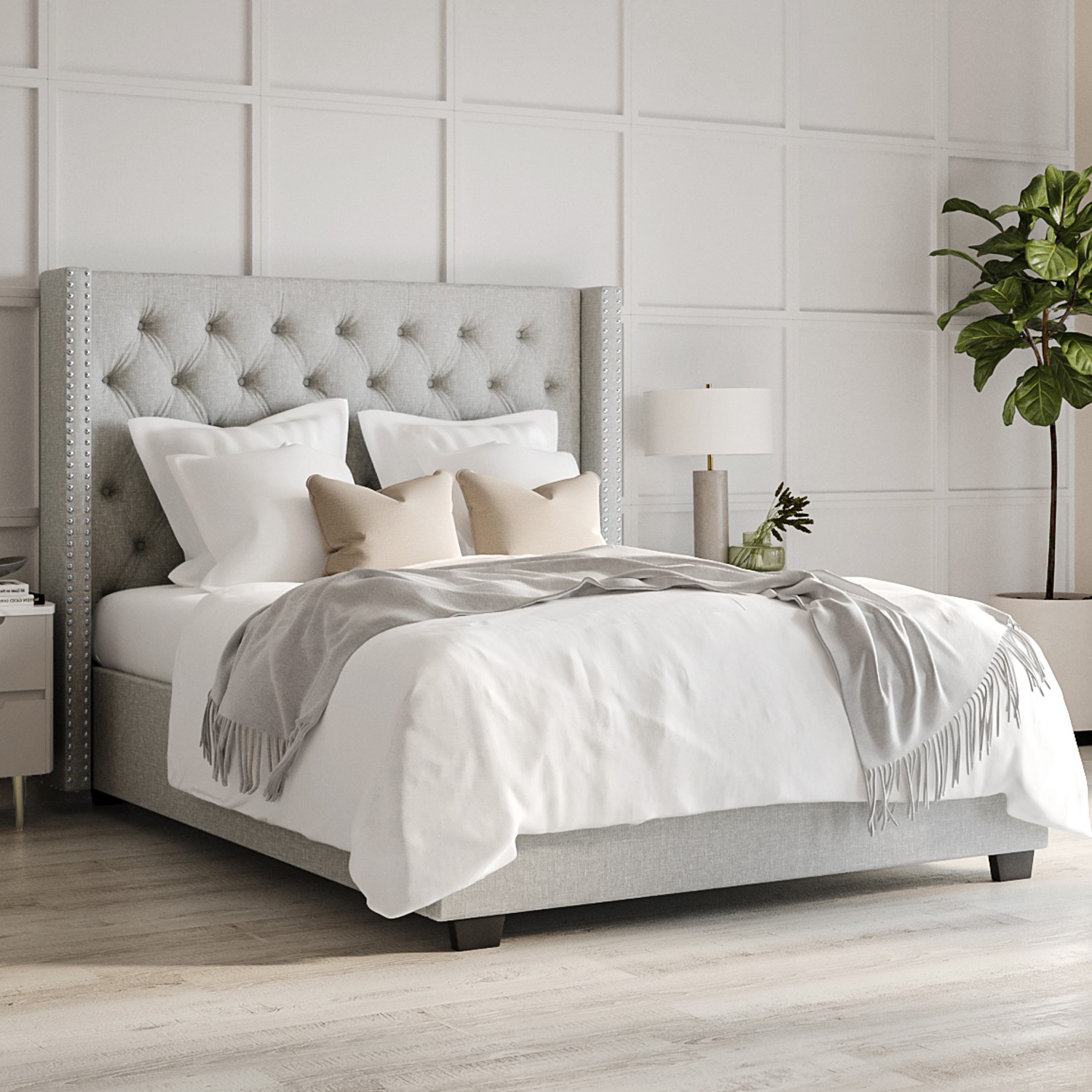 Photo of Light grey fabric king size ottoman bed with winged headboard - maeva