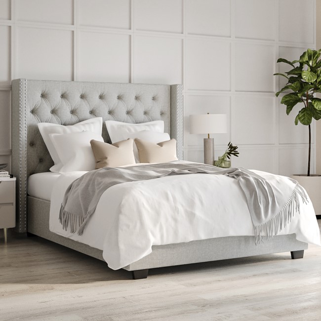 Light Grey Fabric King Size Ottoman Bed with Winged Headboard - Maeva