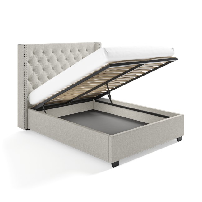 Light Grey Fabric King Size Ottoman Bed with Winged Headboard - Maeva