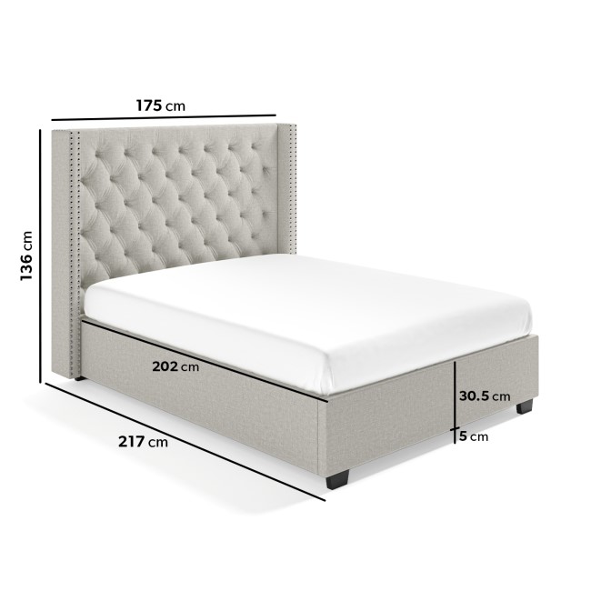 Light Grey Fabric King Size Ottoman Bed with Winged Headboard - Maeva