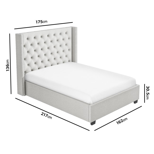 Light Grey Fabric King Size Ottoman Bed with Winged Headboard - Maeva