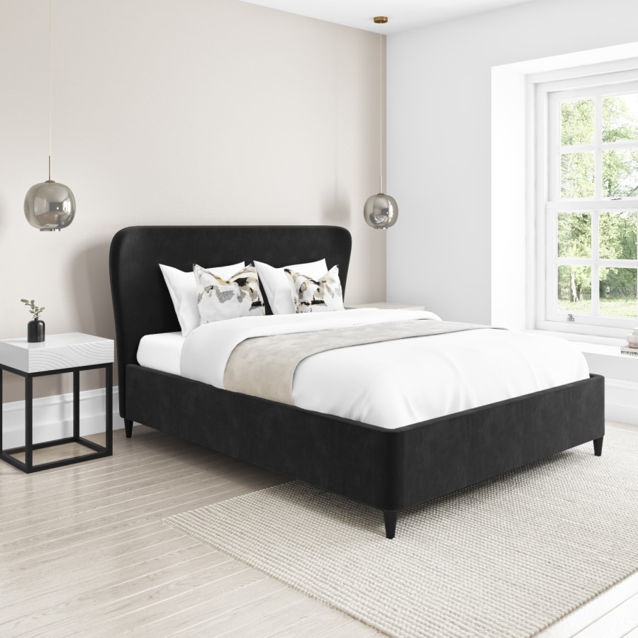 GRADE A2 - Dark Grey Velvet Double Ottoman Bed with Mid-Century Styling - Margot