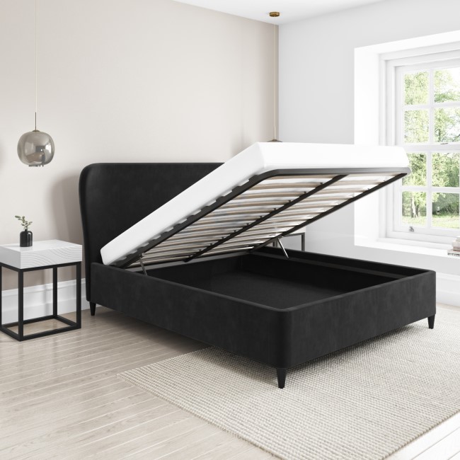 GRADE A2 - Dark Grey Velvet Double Ottoman Bed with Mid-Century Styling - Margot