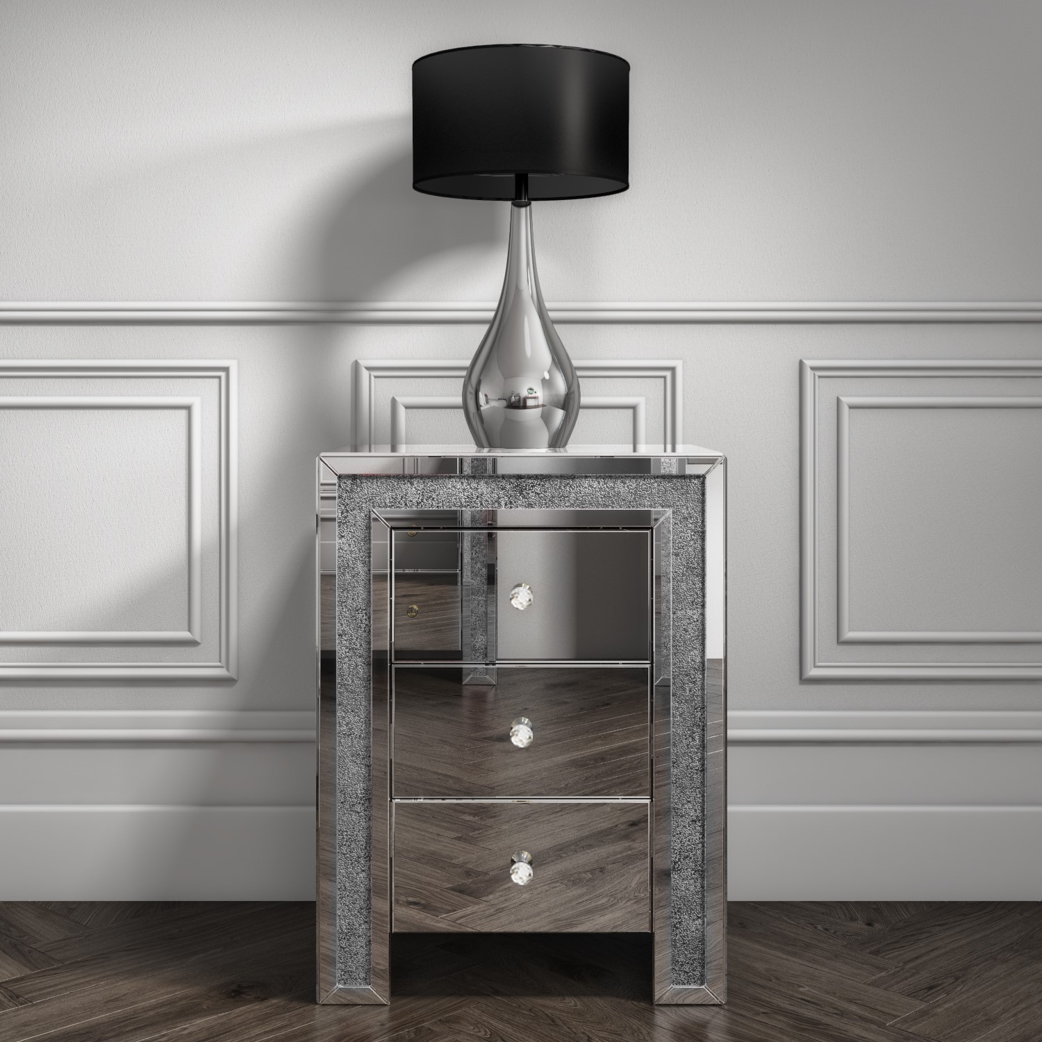 Mariah Crushed Diamond Mirrored Bedside Table In Silver Furniture123
