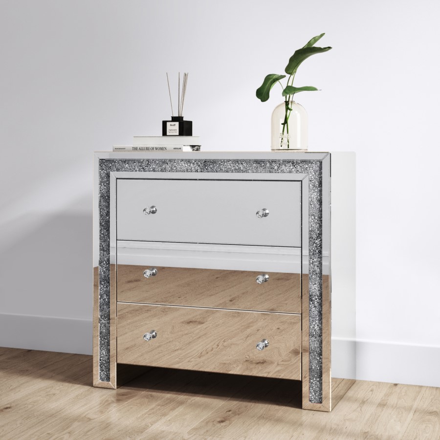 GRADE A1 - Silver Mirrored Chest of 3 Drawers - Mariah
