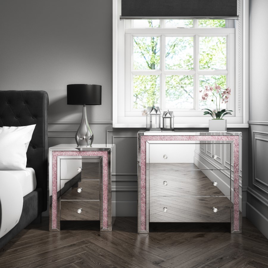 GRADE A1 - Mariah Crush Diamond Mirrored Bedside Table in Pink