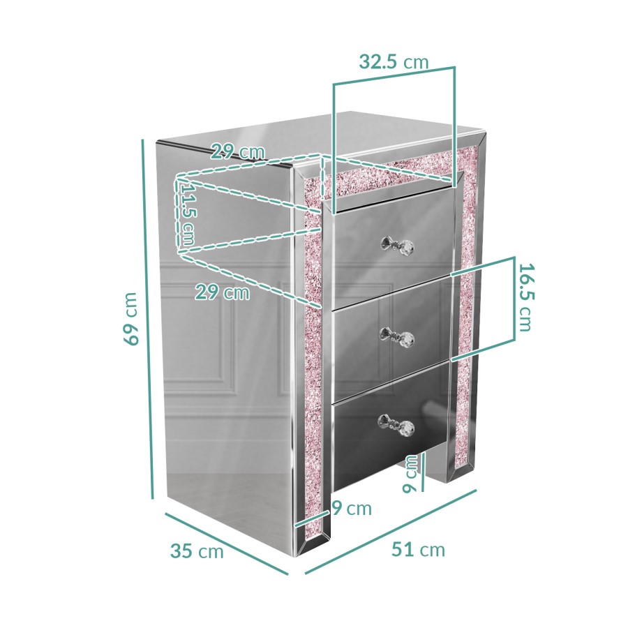 GRADE A1 - Mariah Crush Diamond Mirrored Bedside Table in Pink