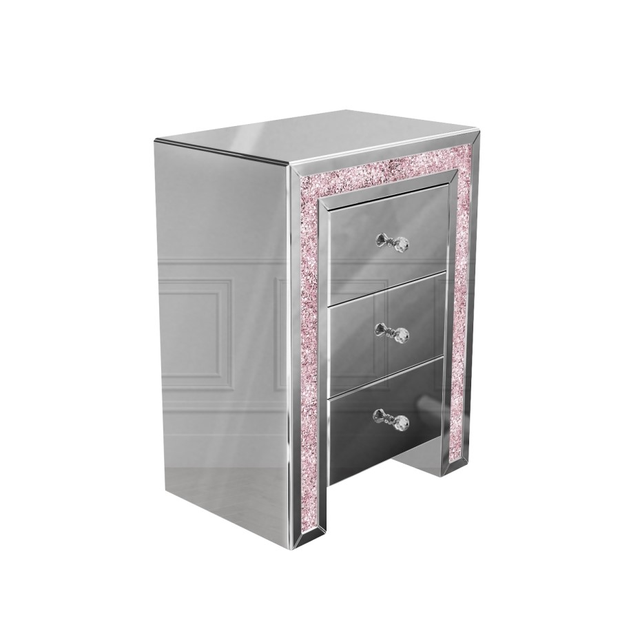 GRADE A1 - Mariah Crush Diamond Mirrored Bedside Table in Pink