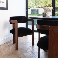 Black Velvet Curved Dining Chair with Walnut Exposed Back - Mai