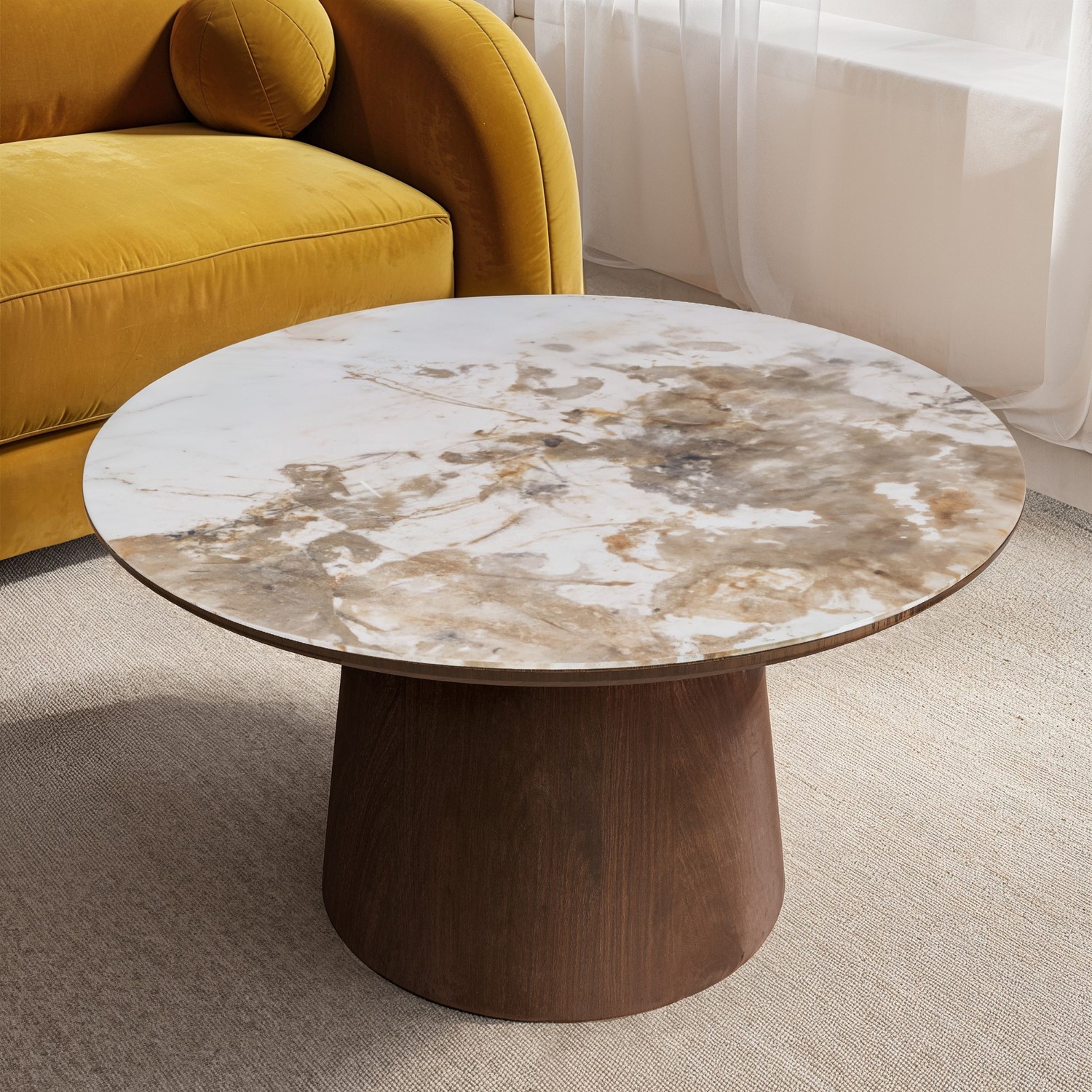 Malia Brown Large Walnut And Neutral Marble Effect Round Coffee Table