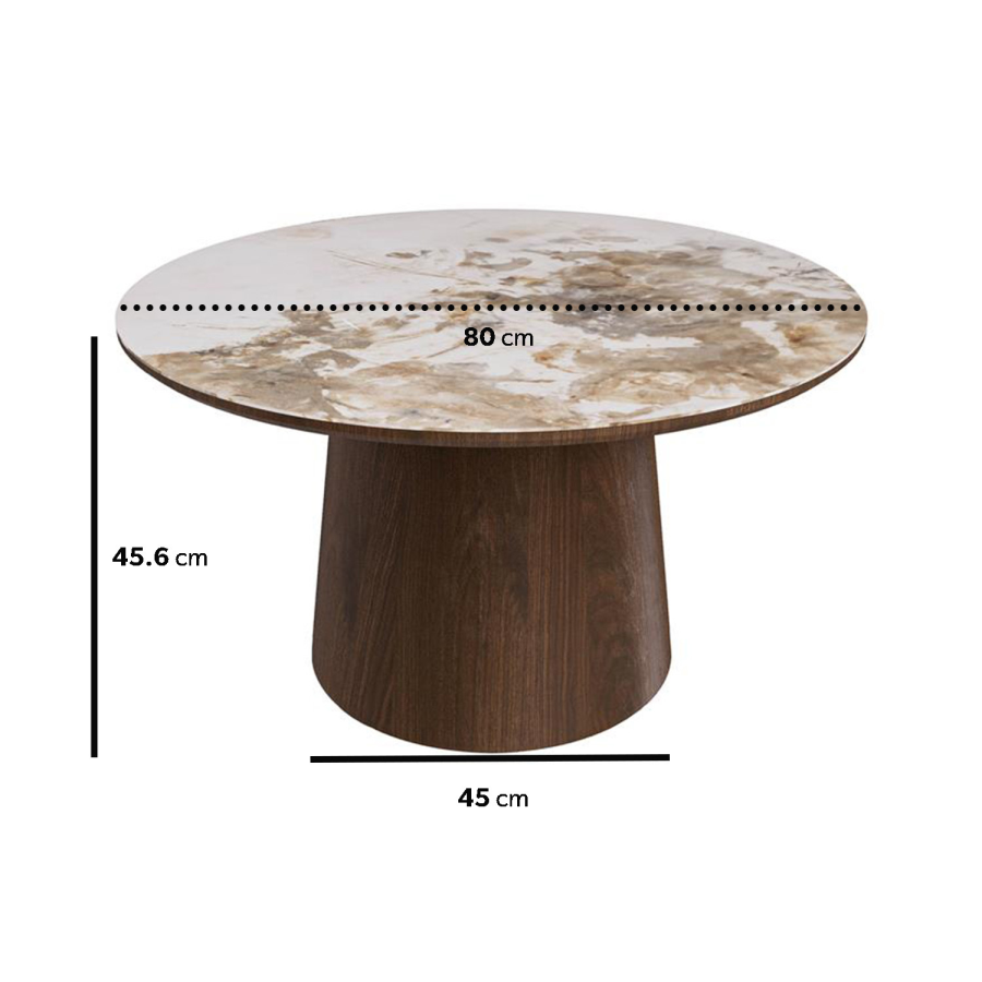 Round Neutral Ceramic Nest of 3 Tables with Walnut and Brass Bases - Malia