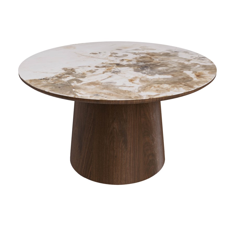 Round Neutral Ceramic Nest of 3 Tables with Walnut and Brass Bases - Malia