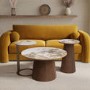 Neutral Ceramic Round Coffee Table with Walnut Pedestal Base - Malia