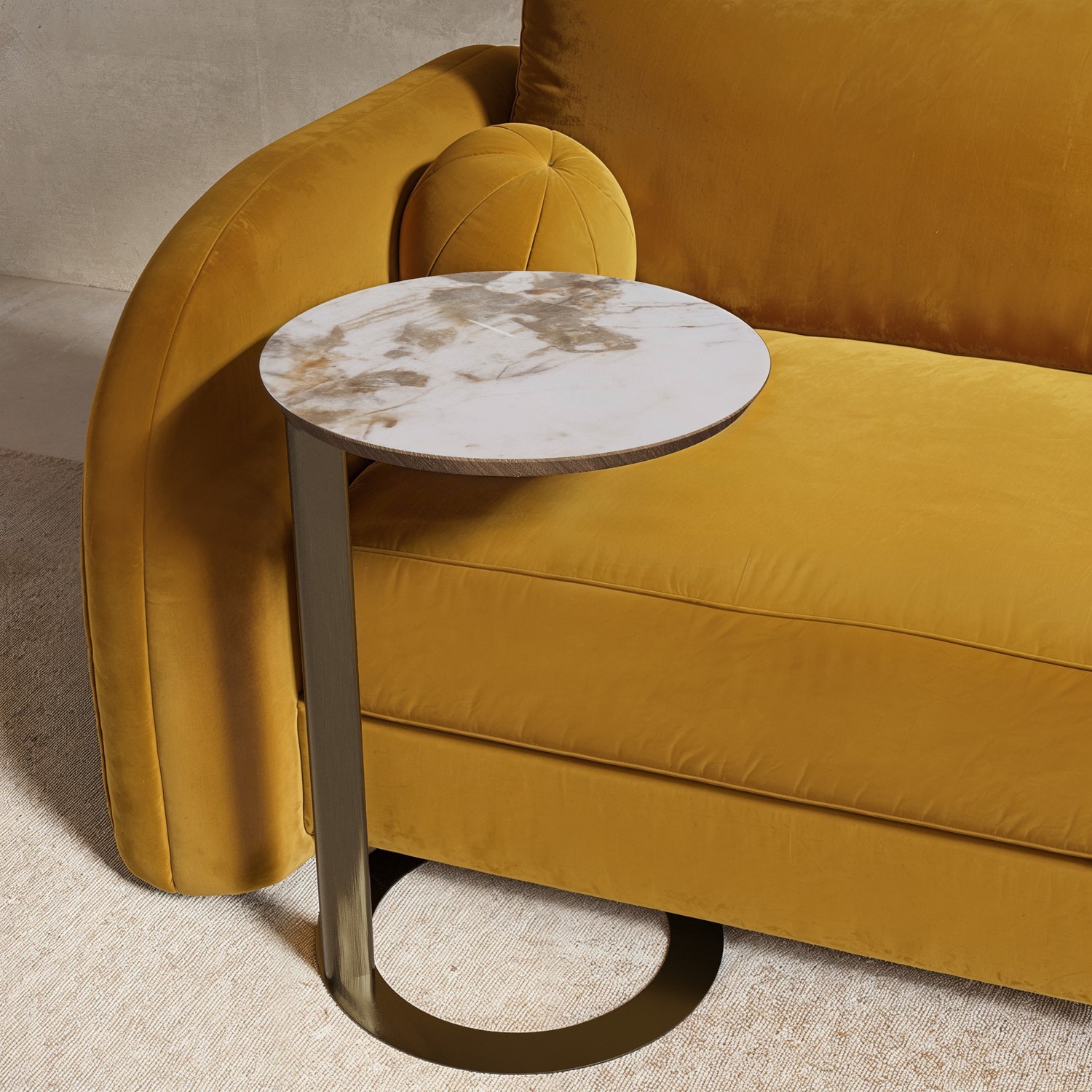 Malia Beige Round Side Table With Neutral Marble Effect And Bronze Base