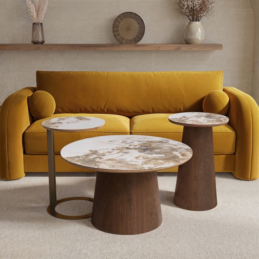 Round Side Table with Neutral Marble Effect and Bronze Base - Malia