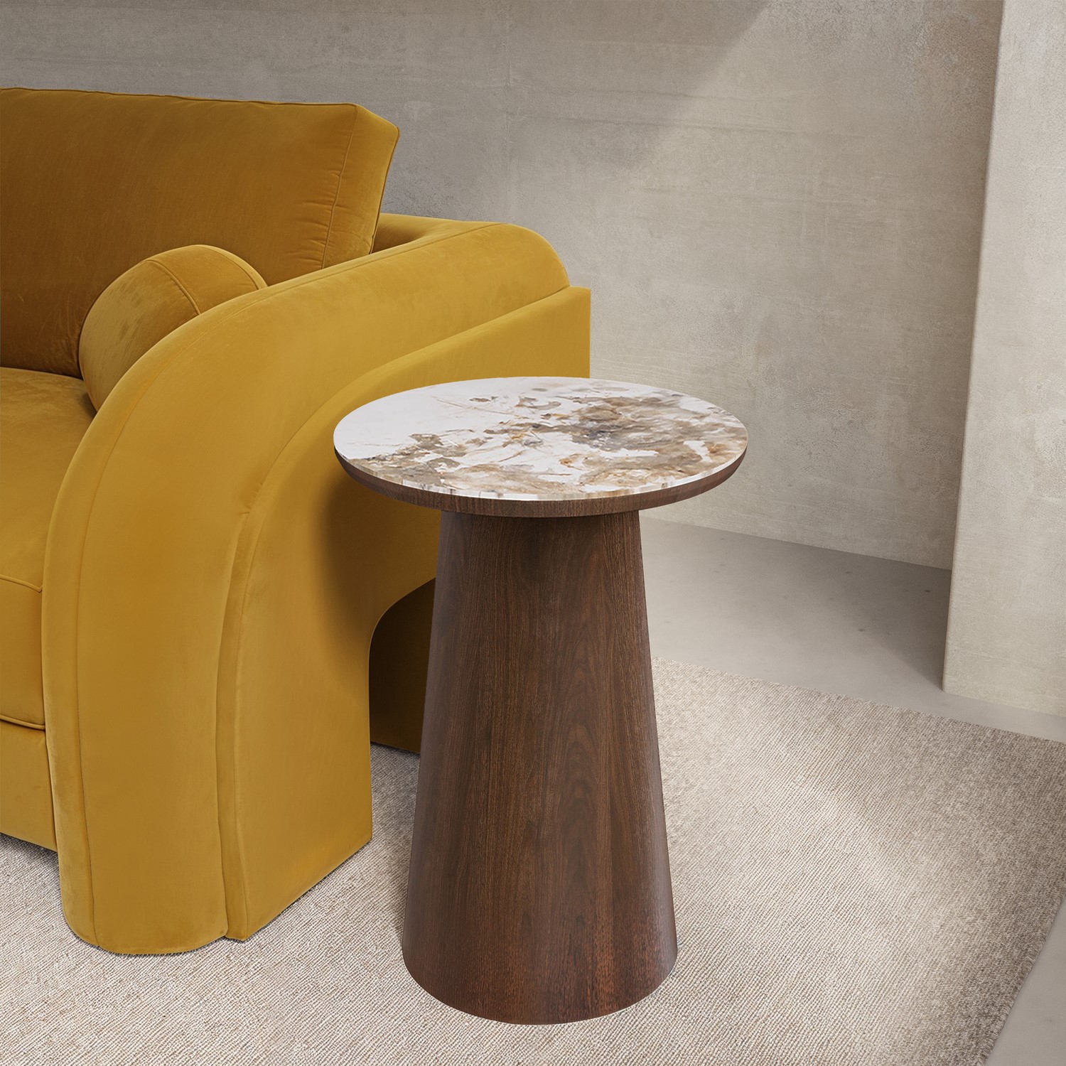 Malia Beige Round Walnut And Neutral Marble Effect Side Table