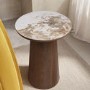 Neutral Ceramic Round Side Table with Walnut Pedestal Base - Malia