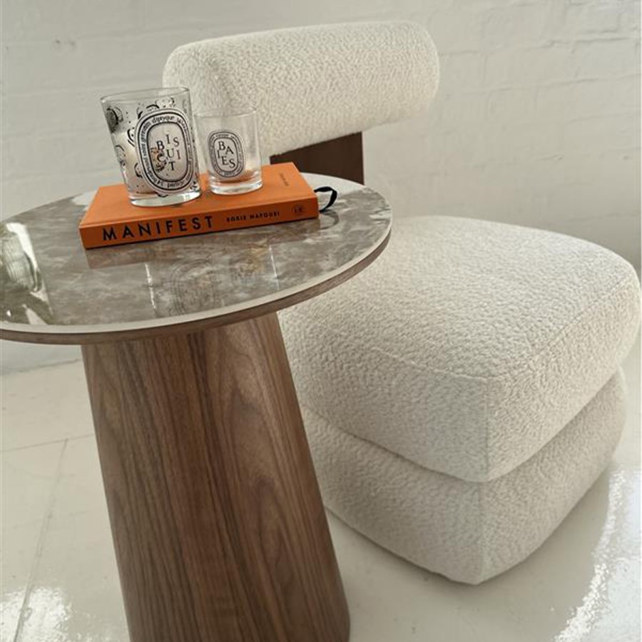 Walnut Round Side Table with Marble Effect - Malia