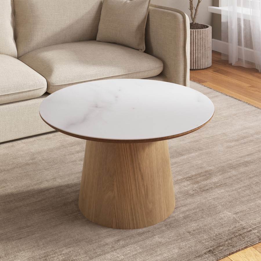 Large Oak and White Marble Effect Round Coffee Table - Malia