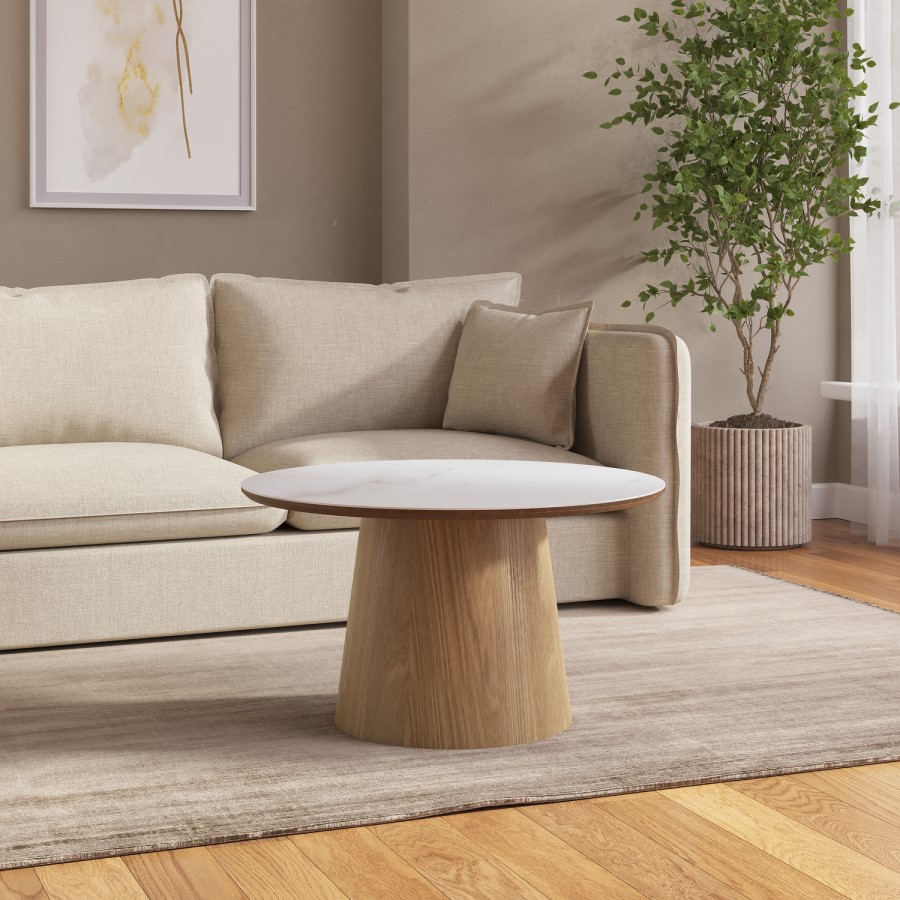 Large Oak and White Marble Effect Round Coffee Table - Malia