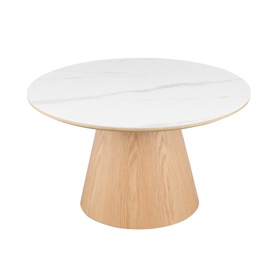 Large Oak and White Marble Effect Round Coffee Table - Malia