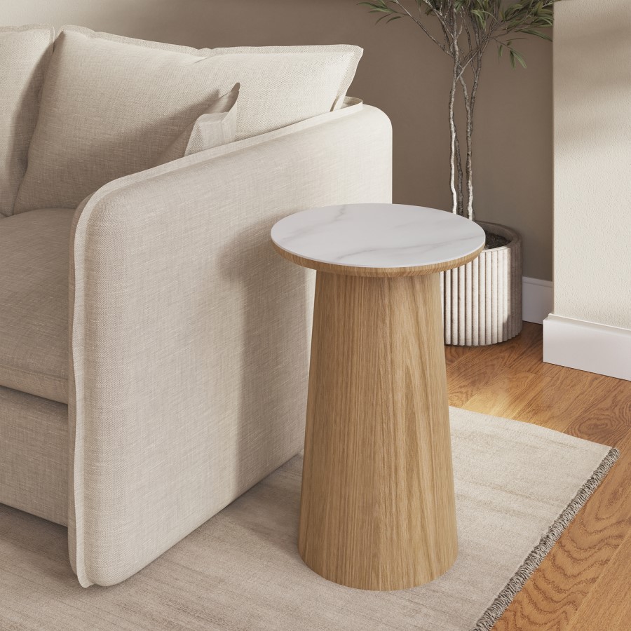 Round Oak and Marble Effect Side Table - Malia