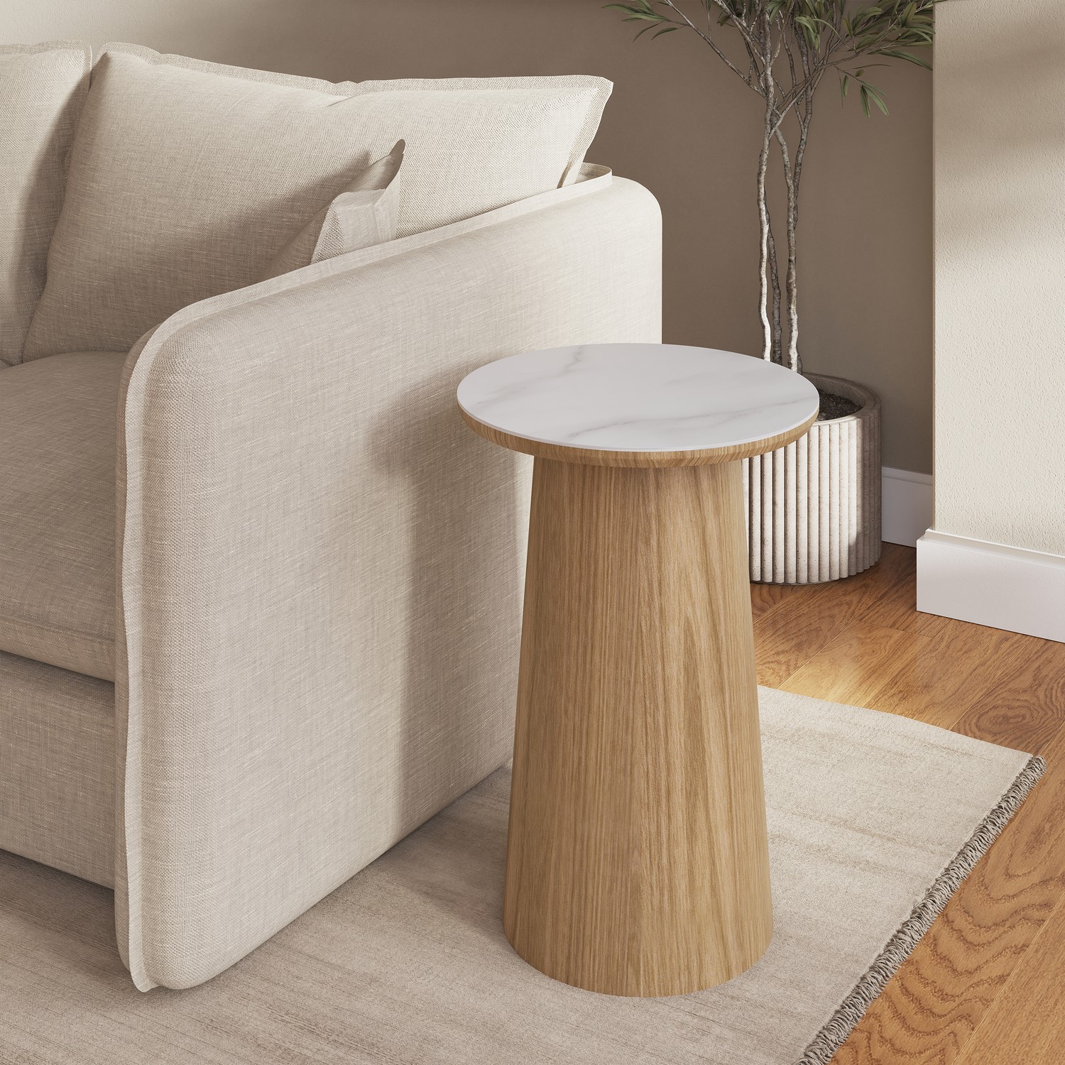 Round Oak Marble Effect Side Table