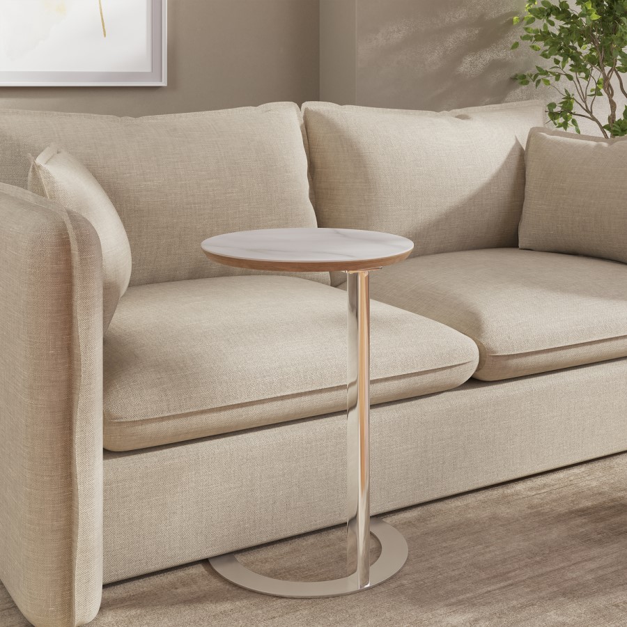 Round Side Table with White Marble Effect and Chrome Base - Malia
