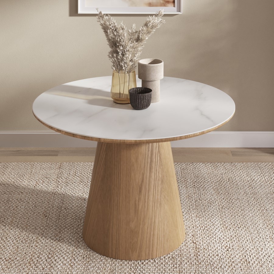 Round Oak and White Marble Effect Pedestal Dining Table - Seats 4 - Malia