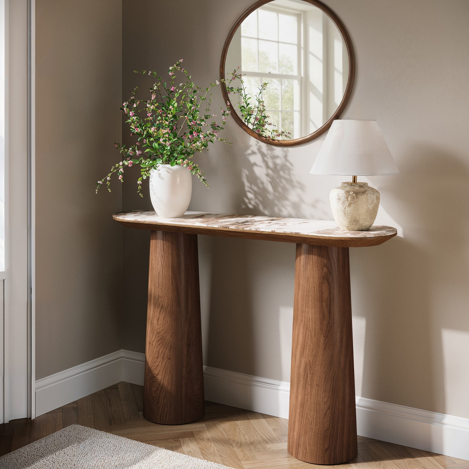 Malia Beige Walnut And Marble Effect Console Table With Flared Legs