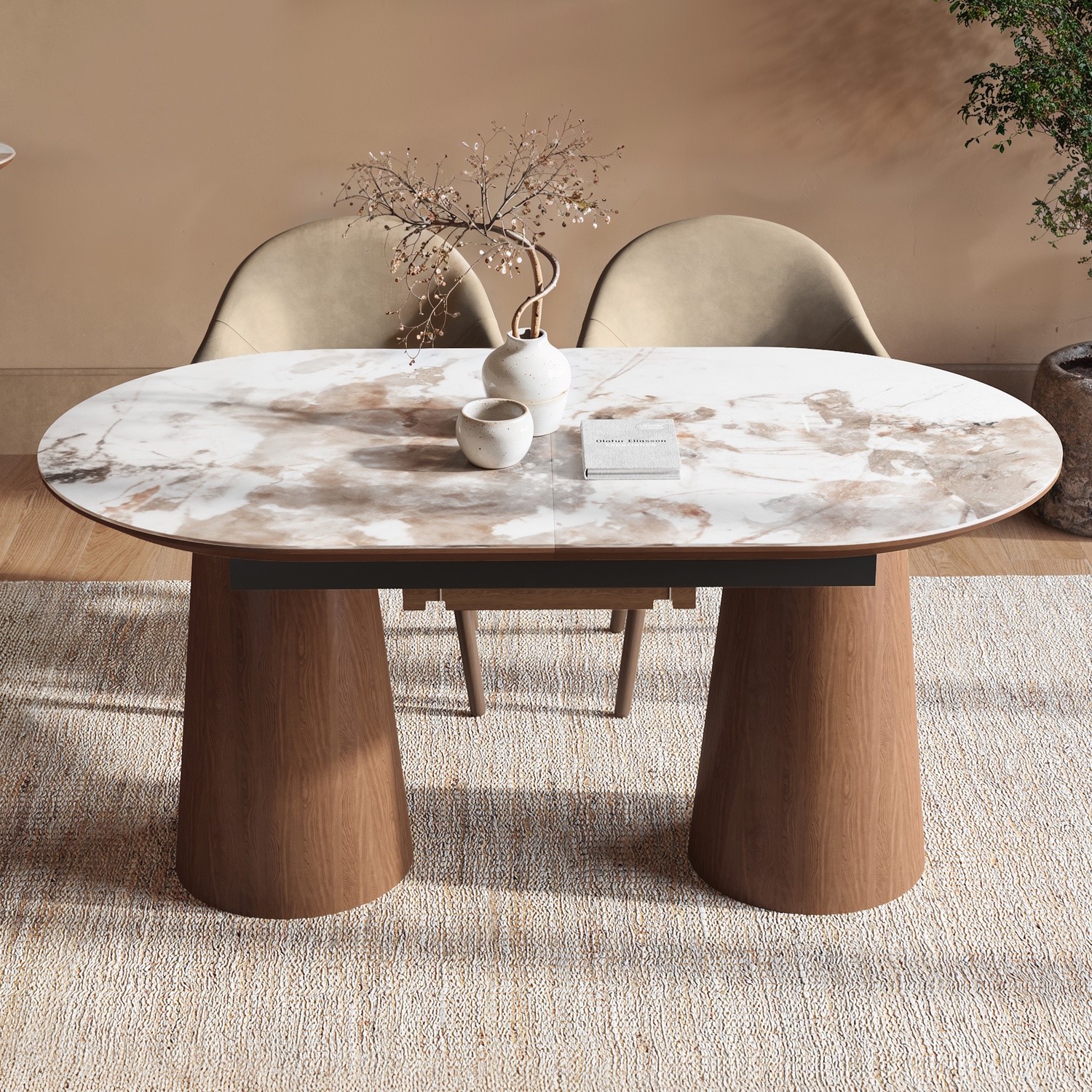 Malia Beige Large Walnut And Marble Effect Extendable Dining Table - Seats 4 - 6