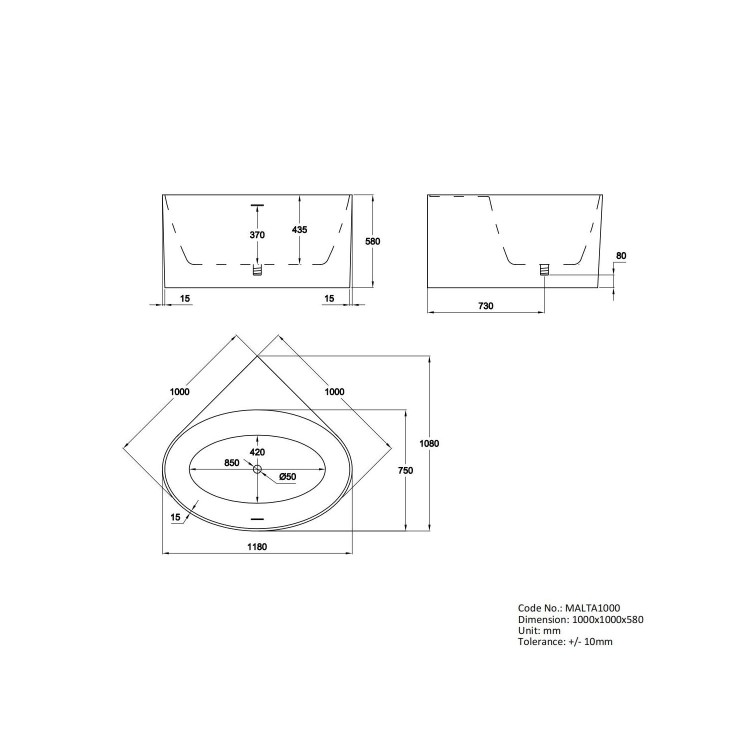 Freestanding Small Round Corner Bath 1000 x 1000mm - Malta