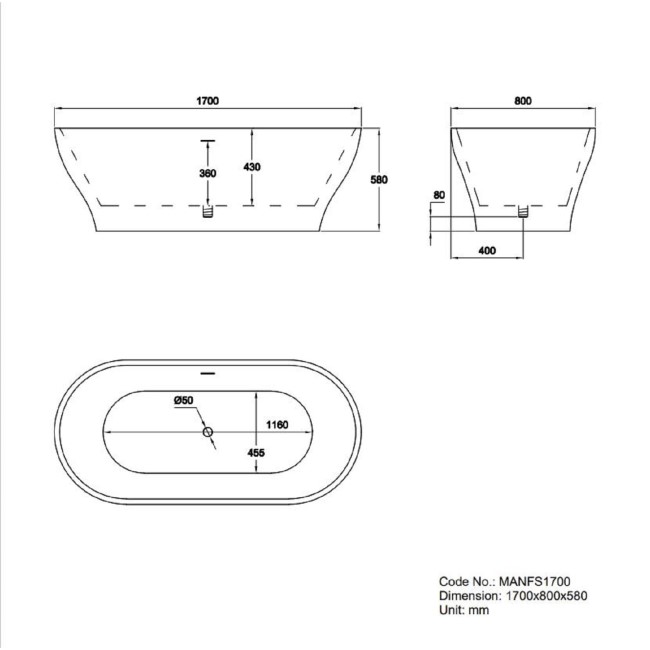 Freestanding Double Ended Bath 1700 x 800mm - Manilla