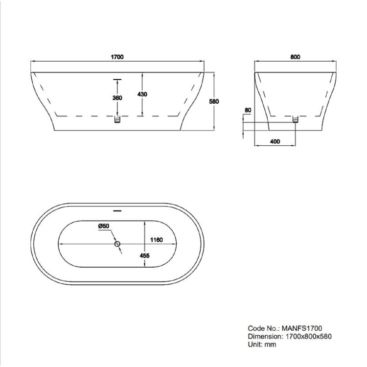 Freestanding Double Ended Bath 1700 x 800mm - Manilla