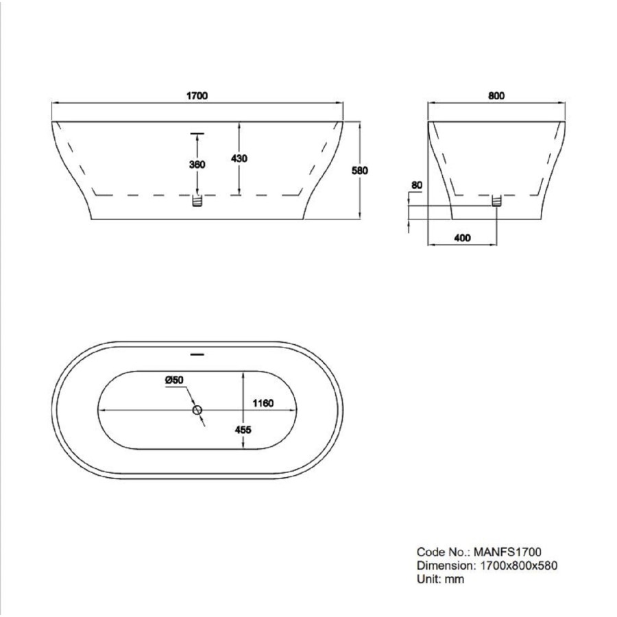 Freestanding Double Ended Bath 1700 x 800mm - Manilla