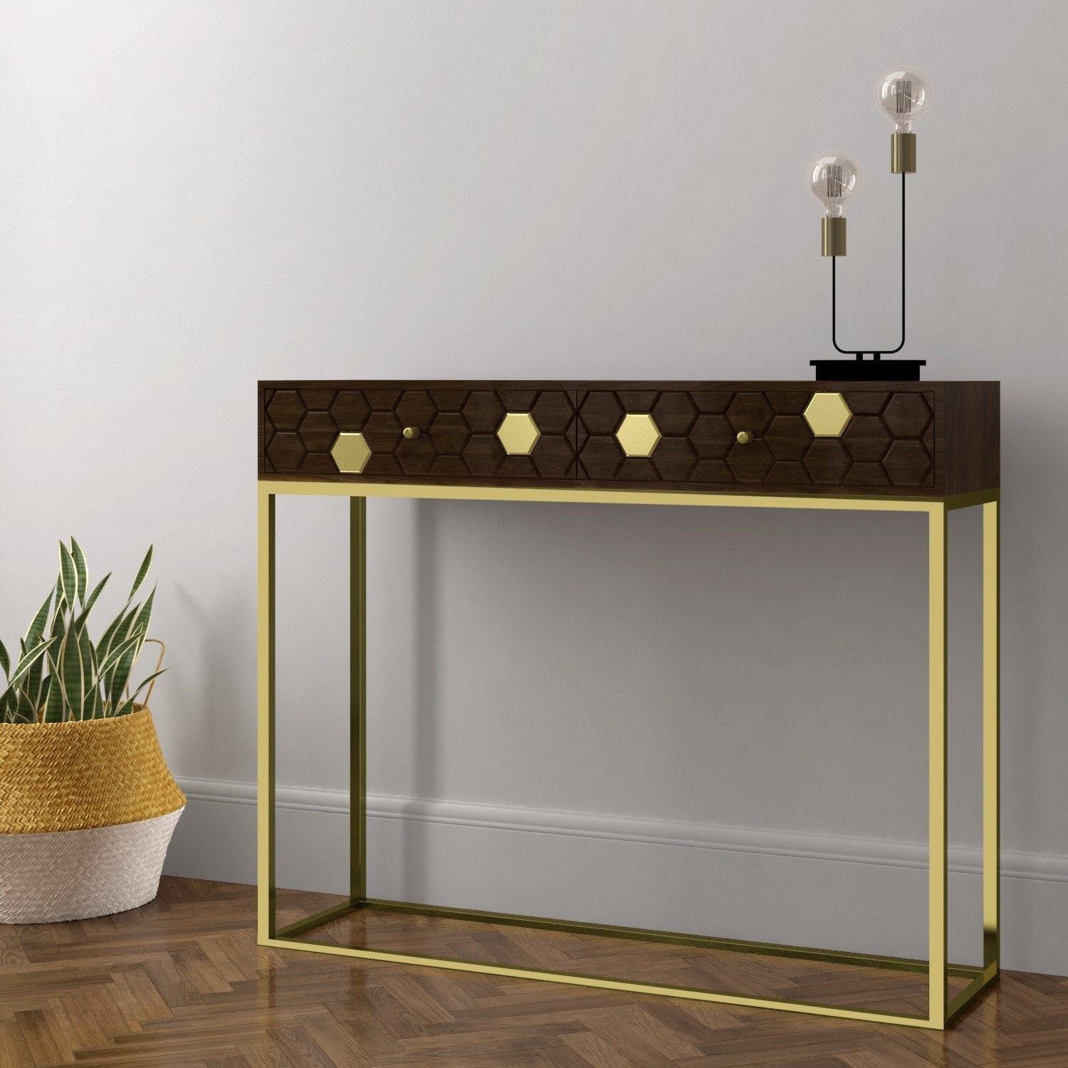 Narrow Console Table In Dark Wood Gold With Drawers Mari