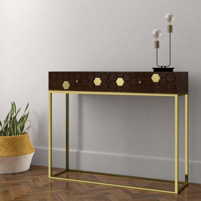 Narrow Console Table in Dark Wood & Gold with Drawers - Mari