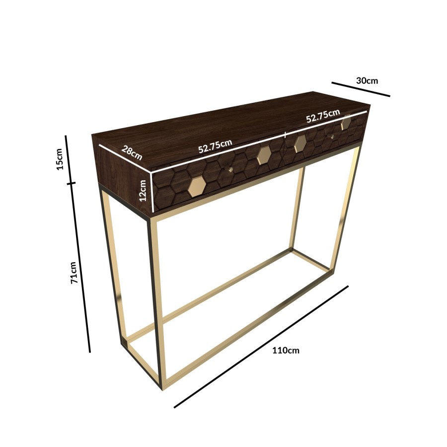 Narrow Console Table in Dark Wood & Gold with Drawers - Mari